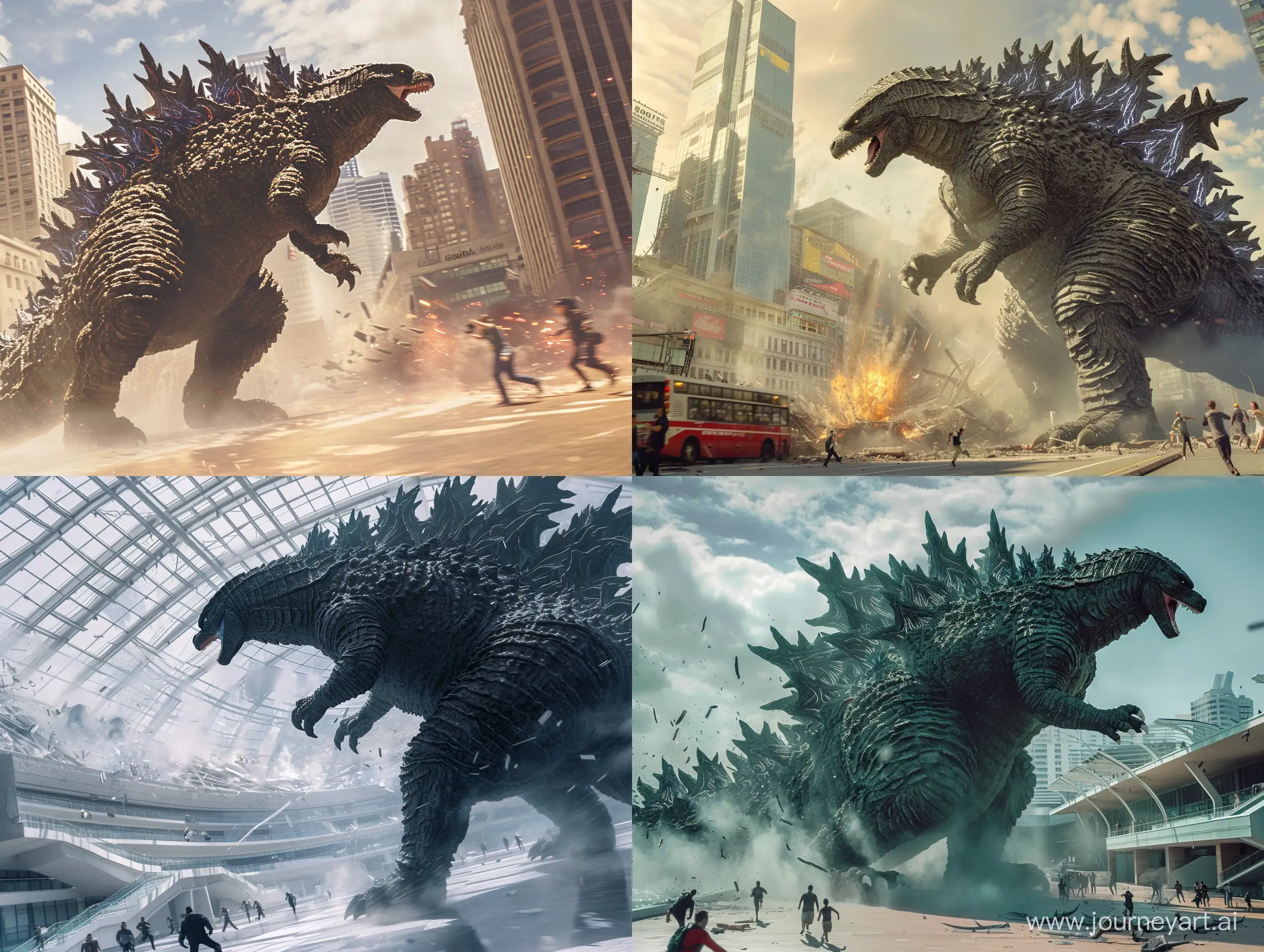 cinematic still, ultra wide angle, Godzilla rampaging through a modern city, building destruction, people running, kaiju chaos , realistic, 8k 