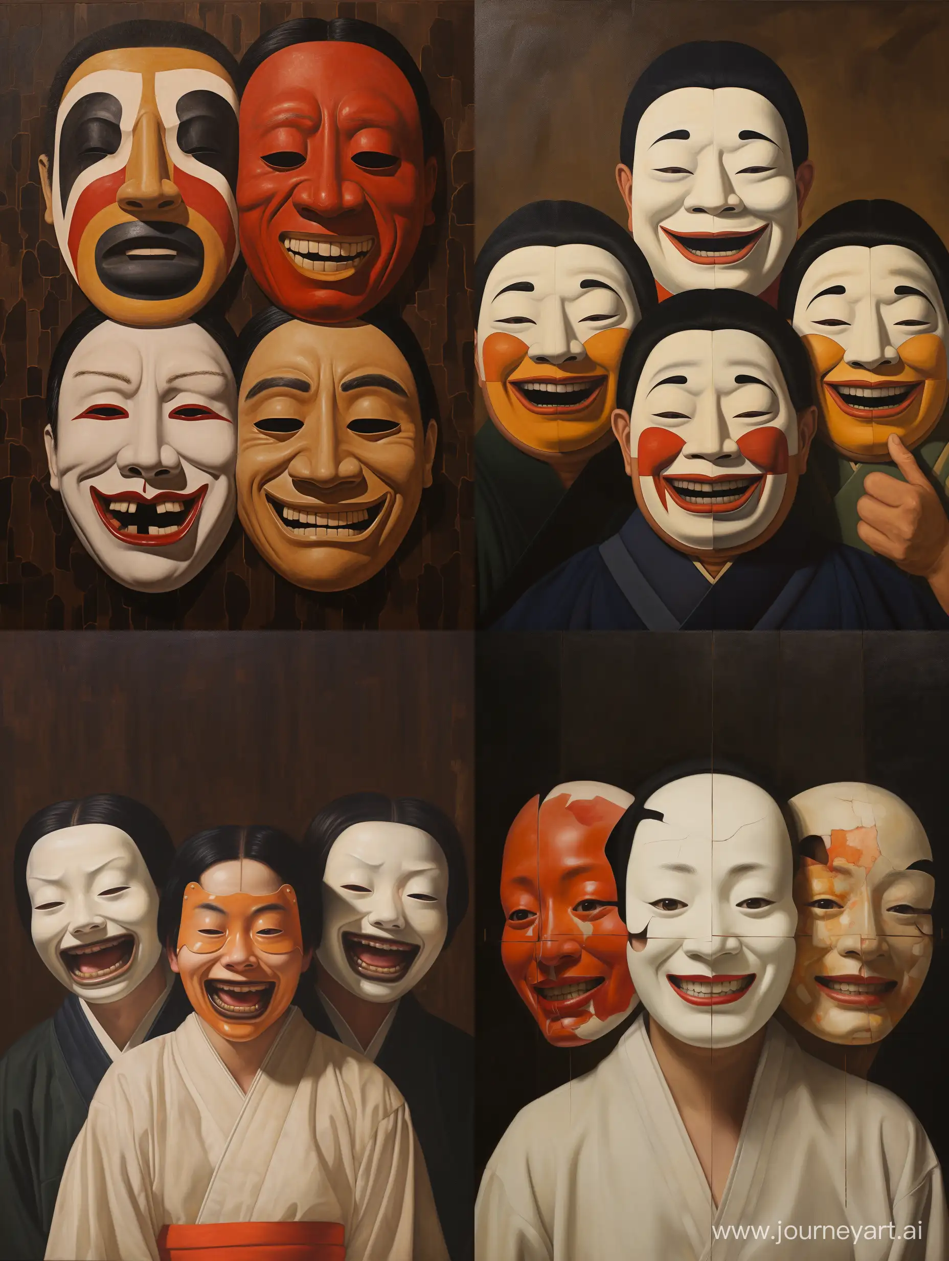Traditional-Japanese-Noh-Mask-with-Three-Expressions-in-Oil-Painting
