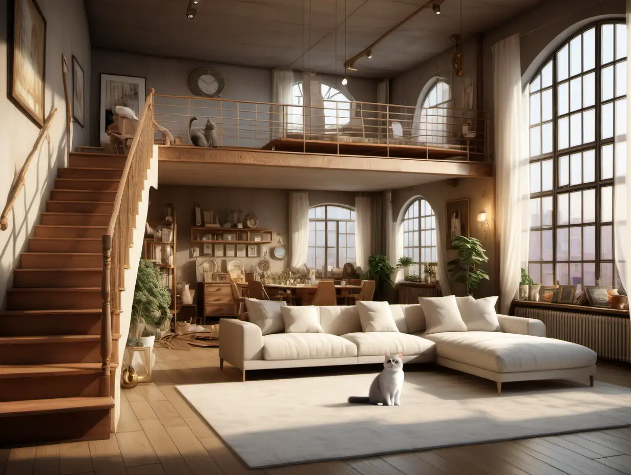 It is necessary to depict the interior in the most realistic style. Loft style is very expensive. The interior should be made in light milk colors, two-story with expensive designer stairs and light curtains on the windows. in the foreground should be a golden British chinchilla cat with no fur stripes.
