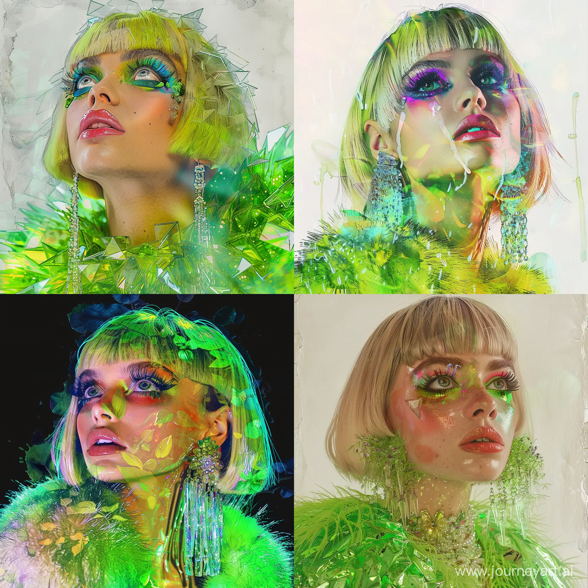 Blond-Bob-with-Bangs-Watercolor-Portrait-in-Neon-Green-Foil-Dress
