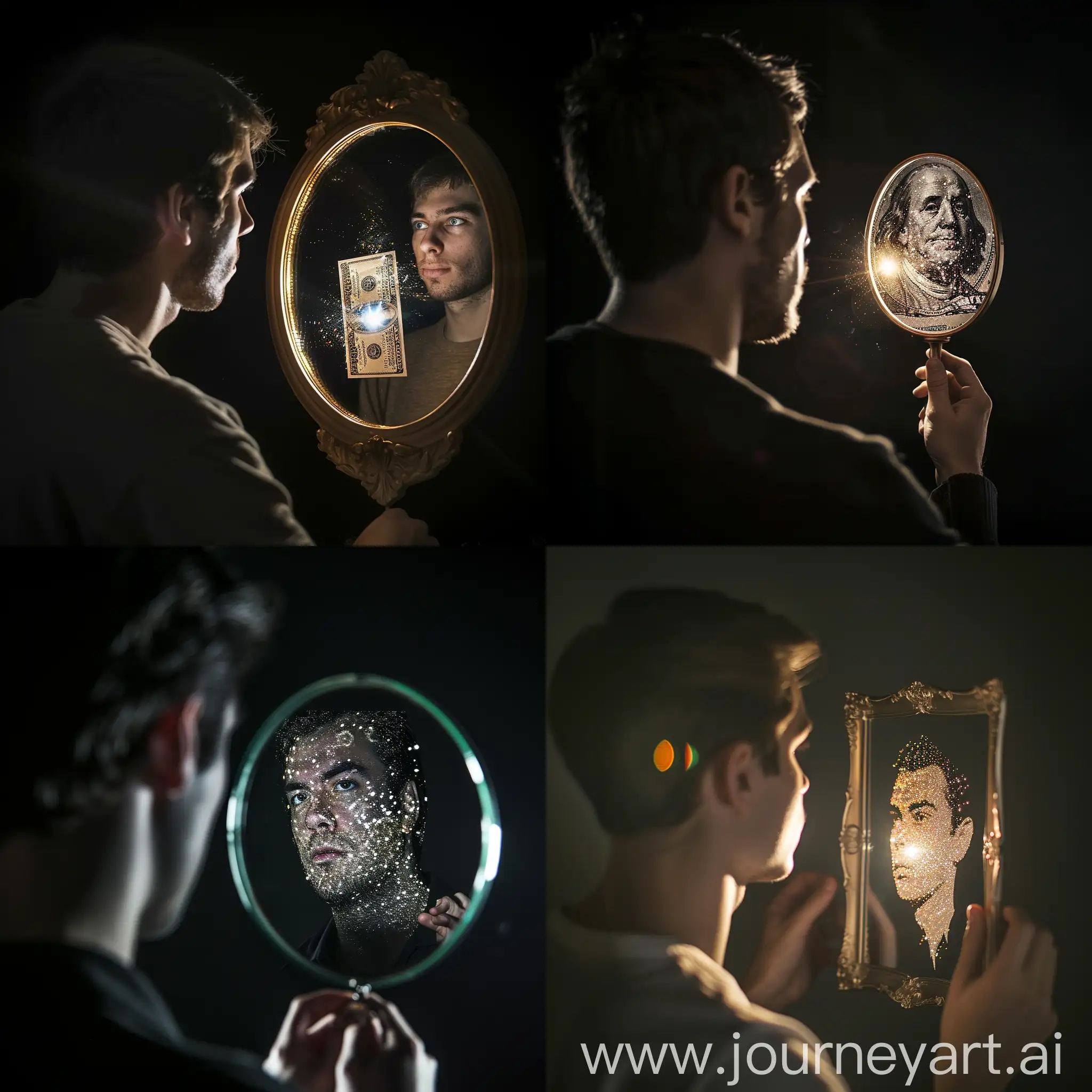 Man-Reflecting-on-SelfIdentity-with-Spotlight-in-Monochromatic-Mirror