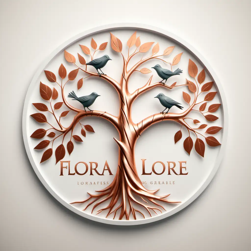 Logo design for "Flora Lore" . Graphic tree with copper leaves. use white color for tree trunk and branches with no textures or gradients.  3 birds perched on top of tree.  No circle 