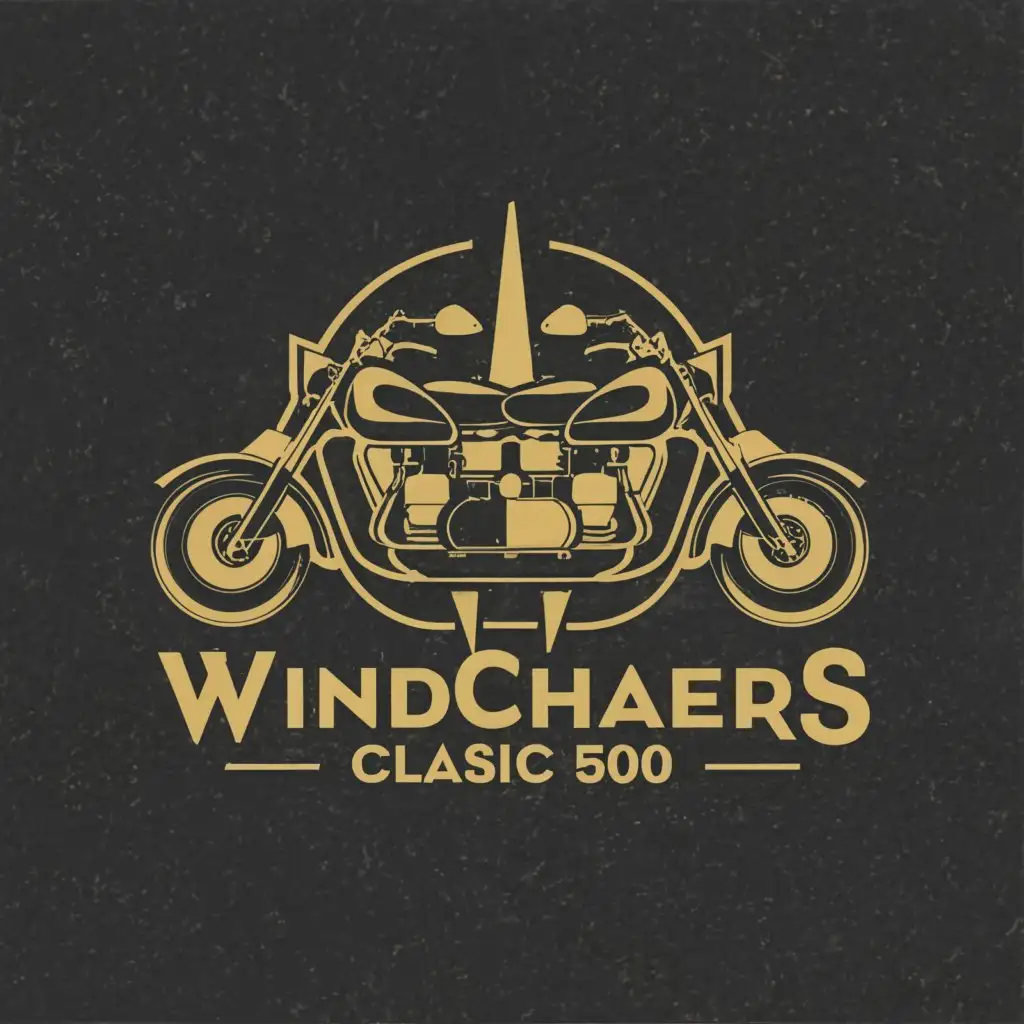 a logo design,with the text 'Windchasers', main symbol:two Royal Enfield classic 500,Minimalistic,be used in Travel industry,Highway in background