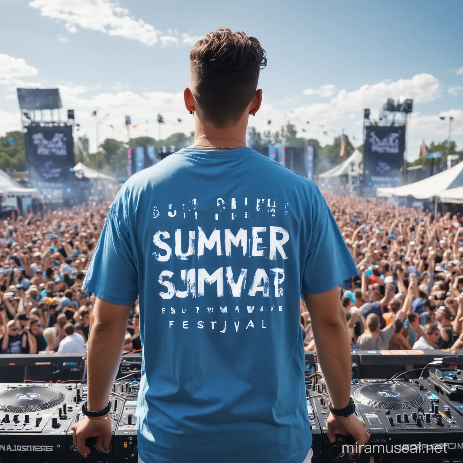 summer vibe, vibrant, blue, festival, man taper on big festival stage, dj, Toxin written on the back of his shirt