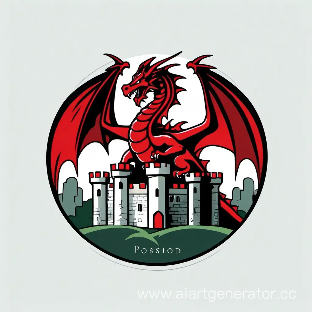 Круглый логотип в минималистичном стиле, красный дракон на фоне английского замка