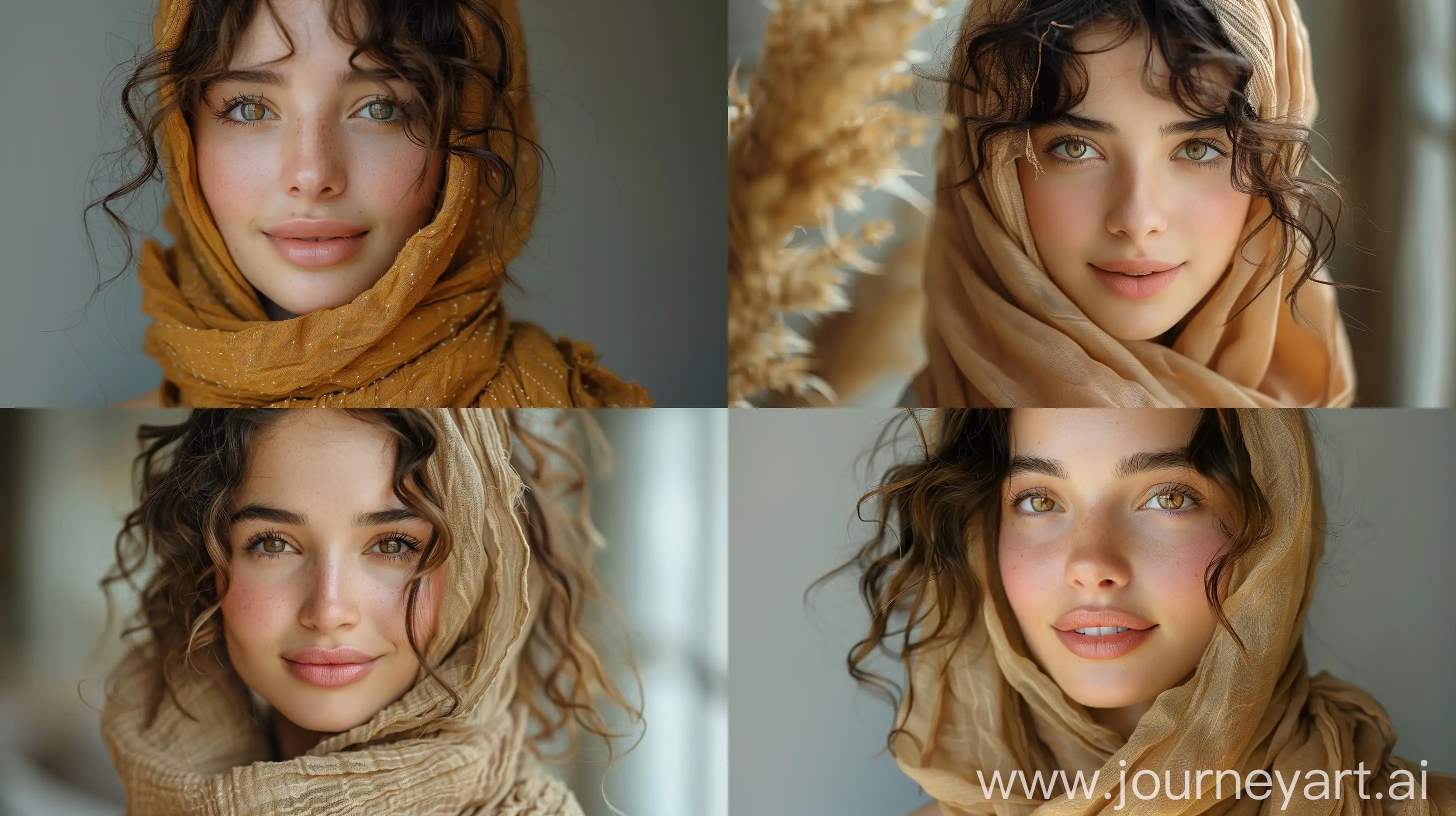 a realistic photo of a [iranian 22 year old female hijab signaling], with [Curly Hair, brown hair,looks like [Dakota Johnson] and [Felicity Jones], happy face, light makeup, looking [innocent, cute, flushed], [light] skin  --ar 16:9 --style raw --s 750 --v 6.0 --seed 1677792313