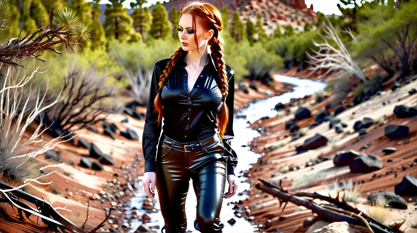 busty redhead with dark make-up, long braided hair, wearing tight black satin shiny pants and blouses, colorado desert mountain mudrunner driver within the woods
