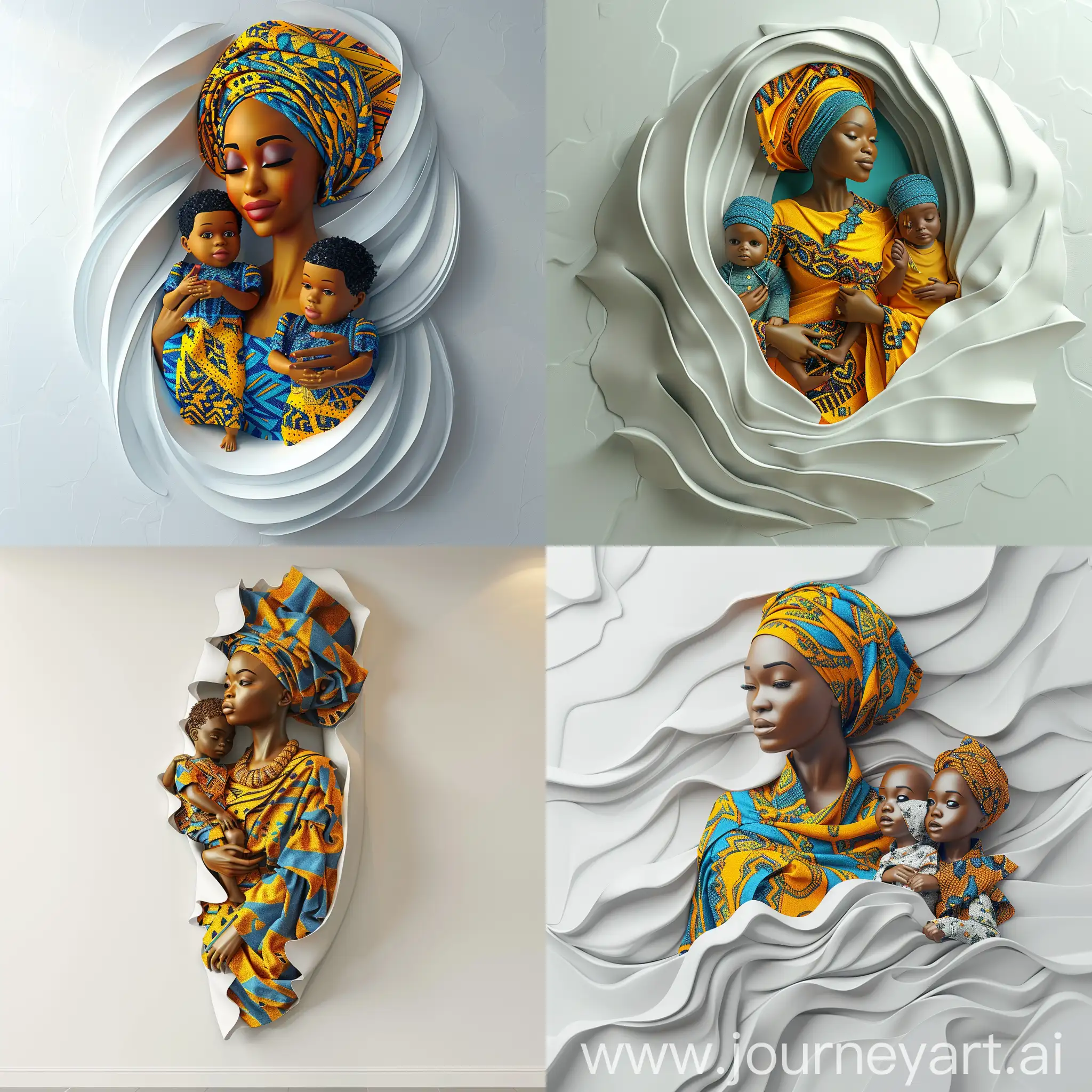 Bright white wall, similar to a perfectly smooth sheet of paper, filled with a 3d beautiful woman wall sculpture wearing a burnt yellow and blue ankara attire, carrying a set of twins boys painting, photo, 3d octane render.