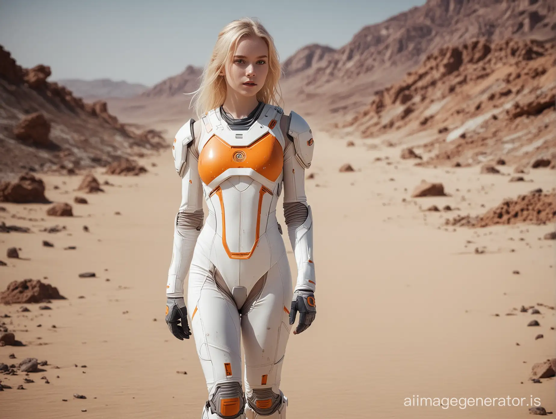 sixteen years old cute blonde walking in a deserted exo-planet, she wears white orange bodysuit as uniform, blueish scene