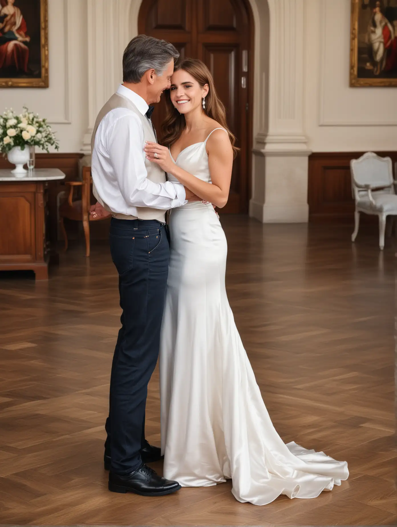 Salle de réception de mairie, vue de face, couple in love, pose vœux de mariage, Emma Watson cheveux chatains très longs, regarde amoureusement sourire de félicité, magnifique robe de princesse de mariée sans manches ivoire satin duchesse et escarpins blanc et son mari, son petit ami, un homme andin 60 ans cheveux gris court chemise blanche et jeans et baskets noir