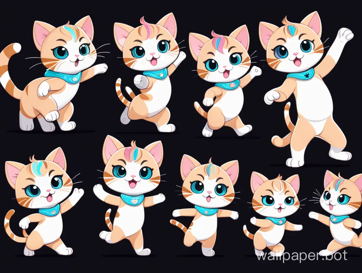 Cute-Cartoon-Baby-Cat-Dance-Poses-with-Vibrant-Pastel-Colors-on-Black-Background