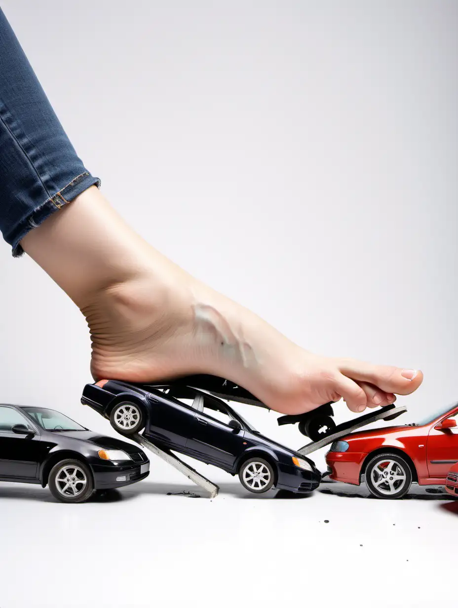 a woman's foot on a white background, a few cars crushed and stuck to the sole of the foot, some cars are sticking between toes
