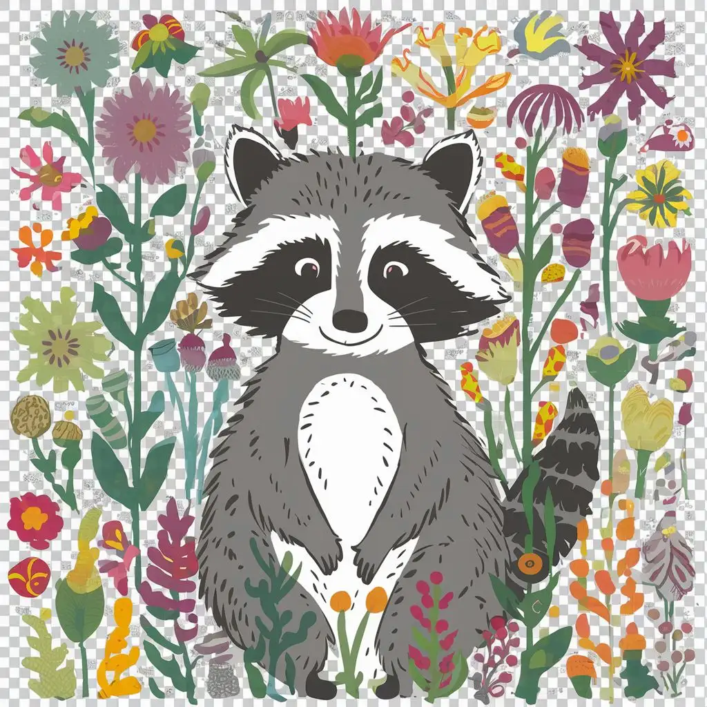 folk art illustration of a raccoon, surrounded with wildflowers, transparent background, png