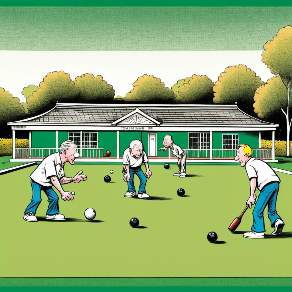 a cartoon image of modern day Men playing lawn Bowls, without sticks, on a green with a pavilion in the background. in the art style of cartoonist Charles M. Schulz