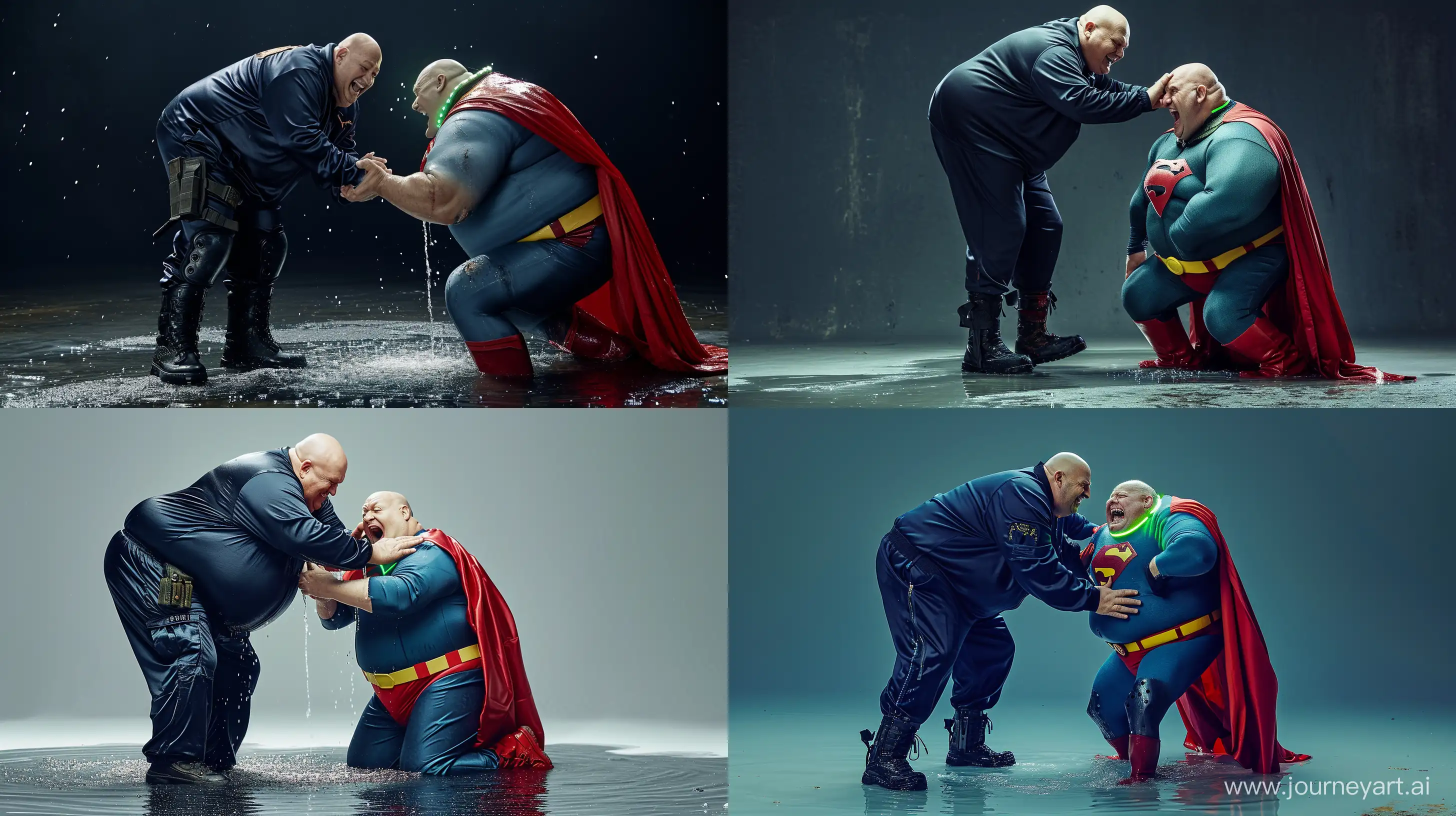 Photo of a smiling tall chubby man aged 70 wearing a silky navy tracksuit and black tactical boots, bending over with one hand touching the neck of another angry chubby big man aged 70 kneeling in water who is wearing a silky blue superman costume with a large red cape, red boots, blue shirt, blue pants, yellow belt, red trunks, small glowing green collar around his neck. Outside. Bald. Clean Shaven. --style raw --ar 16:9 --v 6
