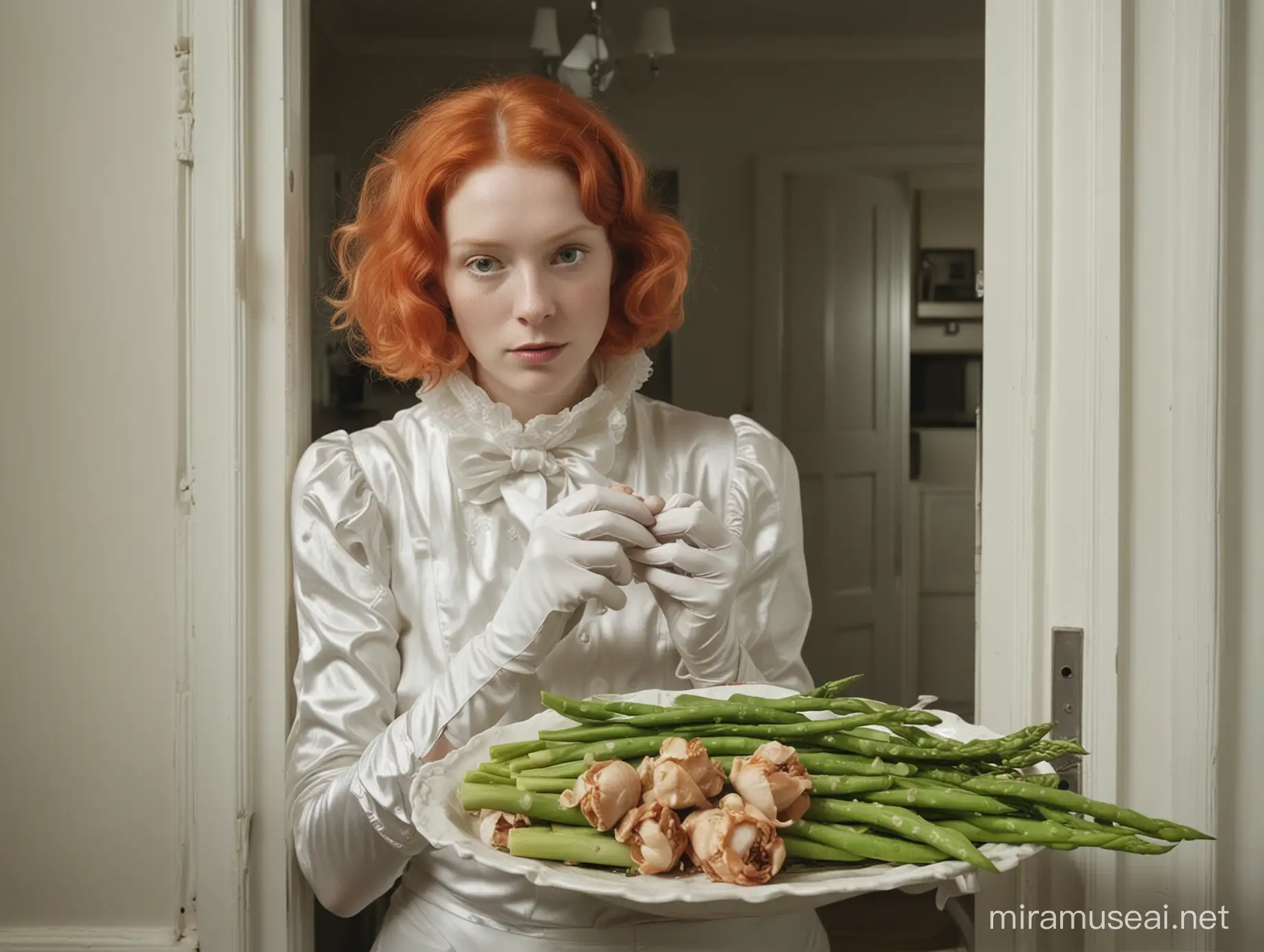 Ky Lewis, Death and Decay Series, silver gelatine paper: A very pale red-haired woman with white gloves holding an asparagus; in the doorway, puppies are peeking in inside an open oyster smelling a peony playing with the photocopier. in a large bowl full of red water, everything is pierced,