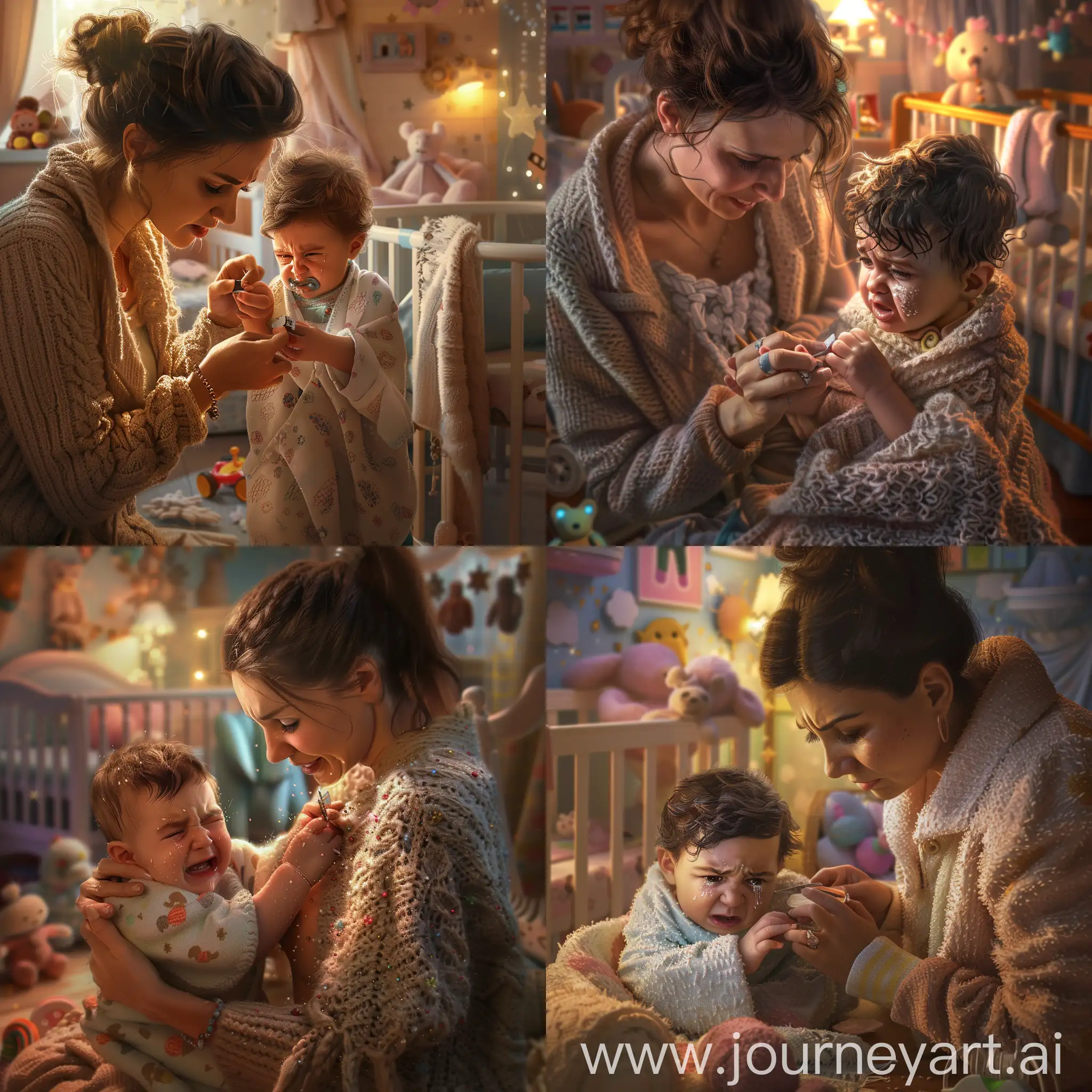Create a hyper-realistic image depicting a mother tenderly clipping her baby's nails. The scene takes place in a warmly lit, cozy nursery room. The mother, dressed in soft, casual clothes, is focused and gentle, holding the baby's tiny hand with utmost care. The baby, wrapped in a soft, pastel-colored blanket, has tears streaming down its cheeks, its face scrunched up in discomfort, expressing a sense of unease and the unfamiliar sensation of getting its nails trimmed. The background is filled with soft, comforting nursery decor, including a crib with plush toys and a gentle night light casting a soothing glow. The emotion in the room is a mix of love, care, and the baby's temporary distress, capturing a very intimate and relatable parenting moment.