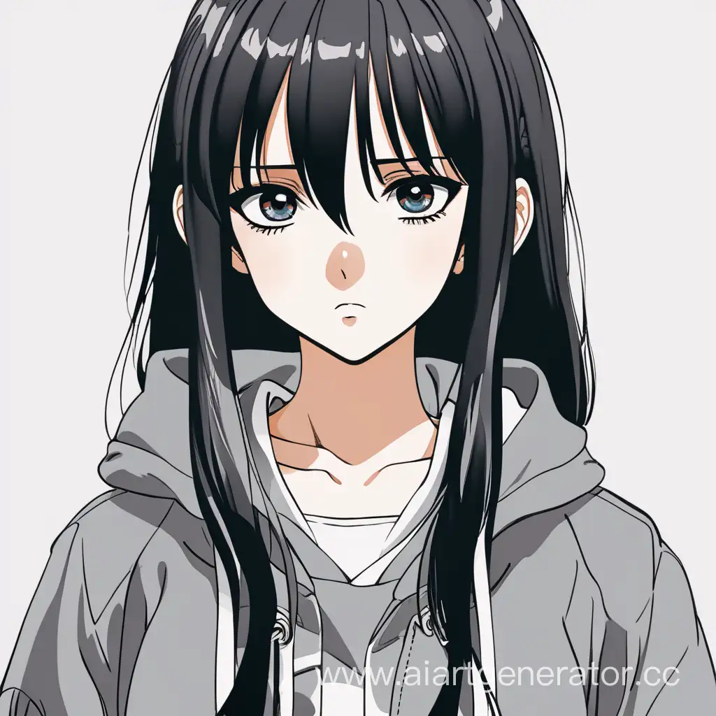 Anime style. A young girl with black hair and eyes with a rough look