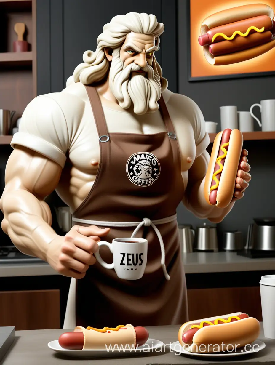 Зевс наливает кофе в фартуке с надписью Амаретто и отдает человеку в современной одежде с хот догом в руках