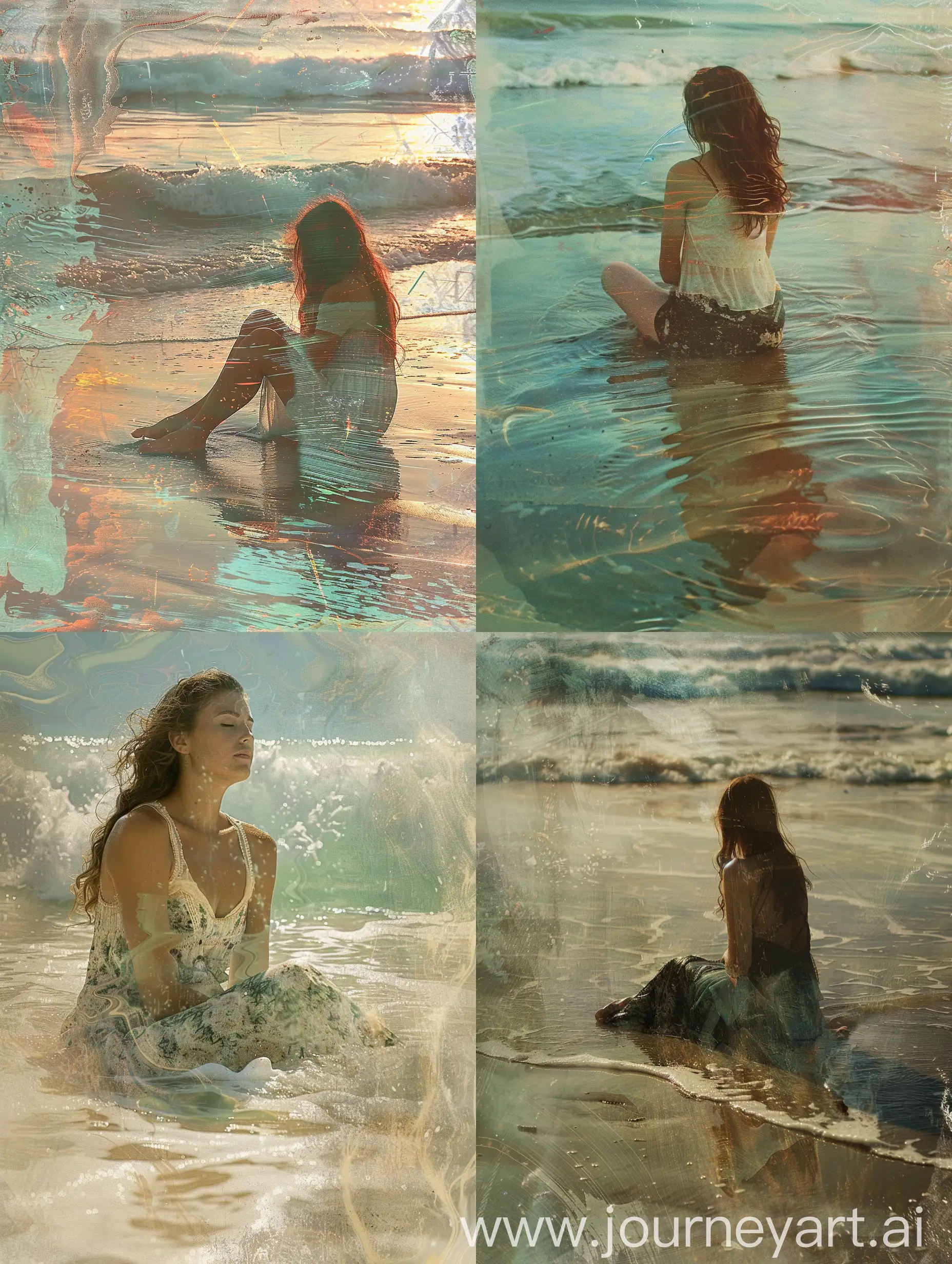 a woman is sitting in the water at the beach, an impressionist painting by Jerry Weiss, tumblr, art photography, chillwave, angelic photograph, wavy