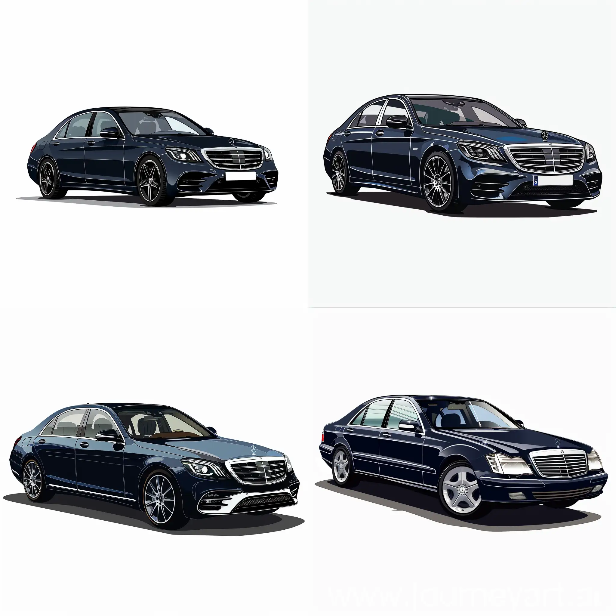 Minimalism 2D Car Gesture View Illustration of: Navy Blue Mercedes Benz S420, Simple White Background, Adobe Illustrator Software, High Precision