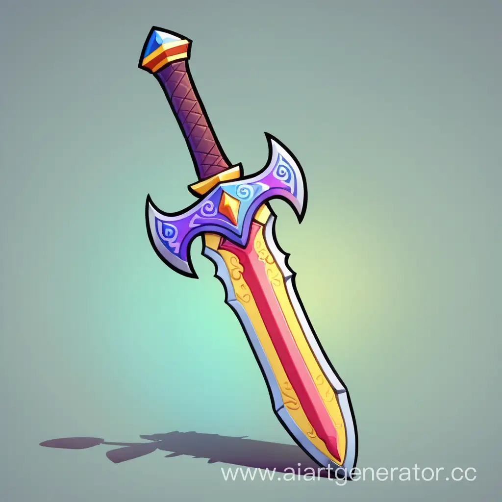 Короткий, толстый, мультяшный меч с использованием ярких цветов. Как из детской игры, больше закругленных углов.