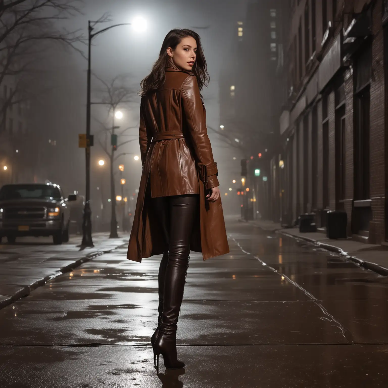 a brunette girl, wearing a long brown leather coat, leather pants, high heeled boots and , walking in New York all alone, at night, moonlight and fog
