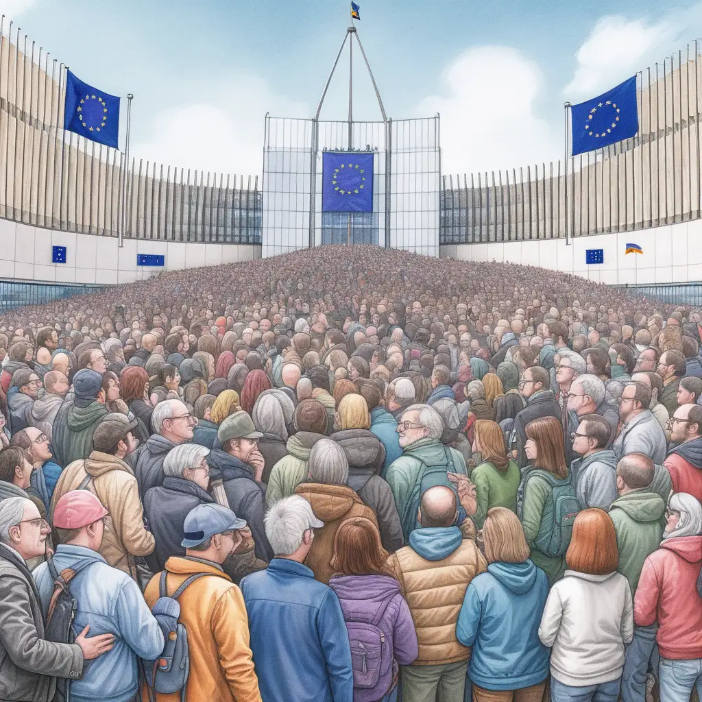 Create an image of a crowd standing outside the EU parliament. The image must be in the style of Matt Wuerker