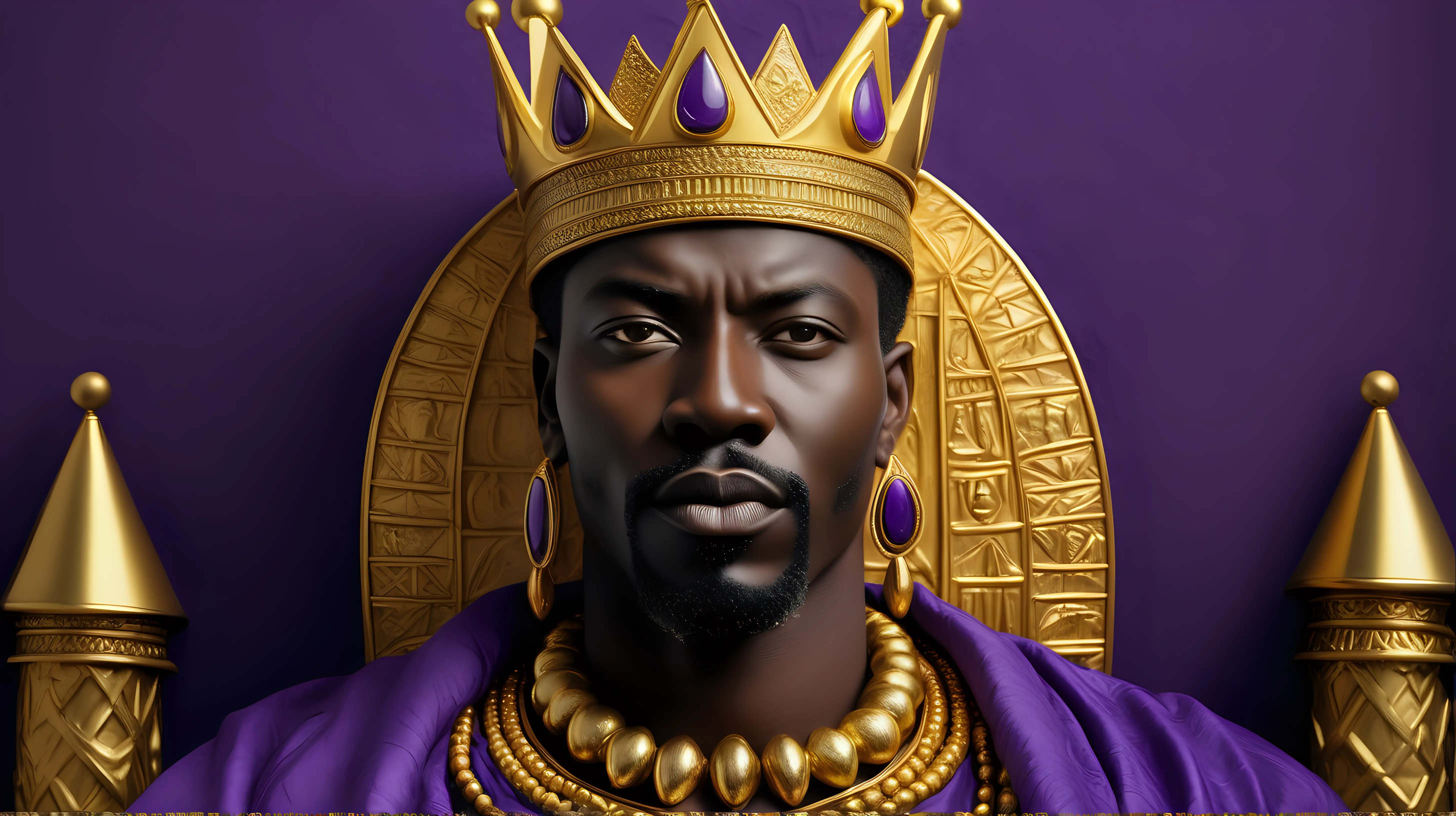 Main Subject: Mansa Musa, the legendary King of Mali.
Camera Position and Angle: Close-up view, with Mansa Musa facing directly towards the camera.
Facial Expression: Regal and composed, conveying authority and confidence. Mansa Musa's eyes should express intensity.
Attire and Accessories: Mansa Musa is adorned with an ornate king's crown. He also wears gold earrings and multiple gold necklaces, emphasizing his wealth and status.
Lighting: Natural, softly highlighting Mansa Musa's facial contours and the intricacies of his jewelry.
Background: Purple and simple, with a high contrast to Mansa Musa's figure, devoid of many distracting elements.
Image Format: 16:9 ratio, ideal for wide-screen display.