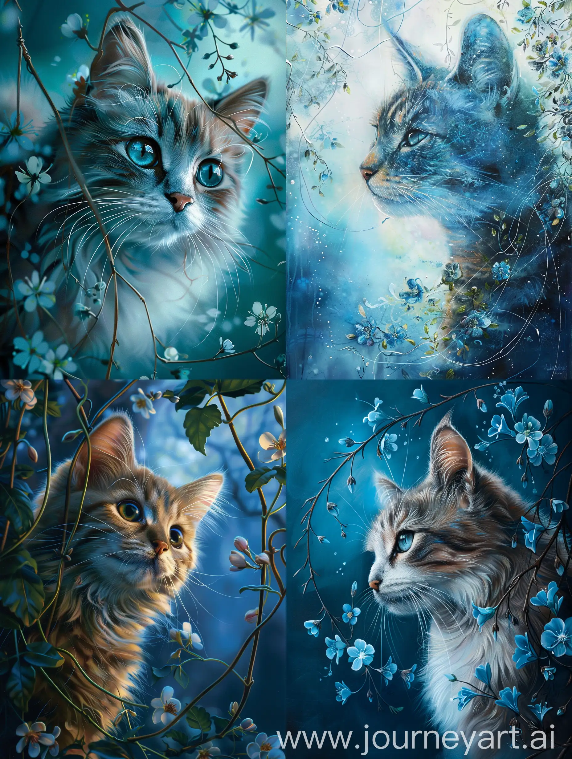 A beautiful cat, flower vines, blue color, master level, surrealism, close-up, poster
