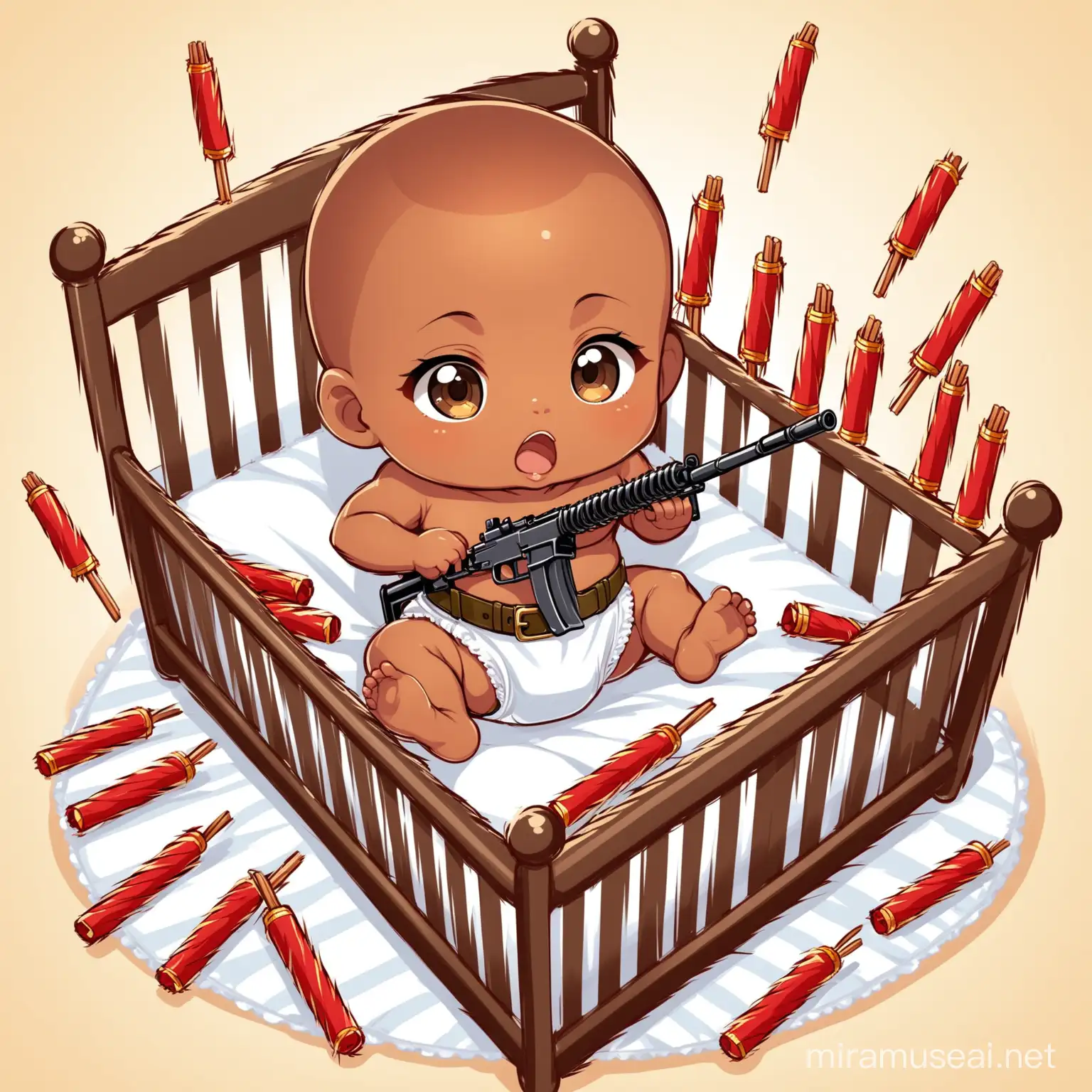 baby in a crib  with brown skin, dynamite sticks around diaper and belt on.Machine gun