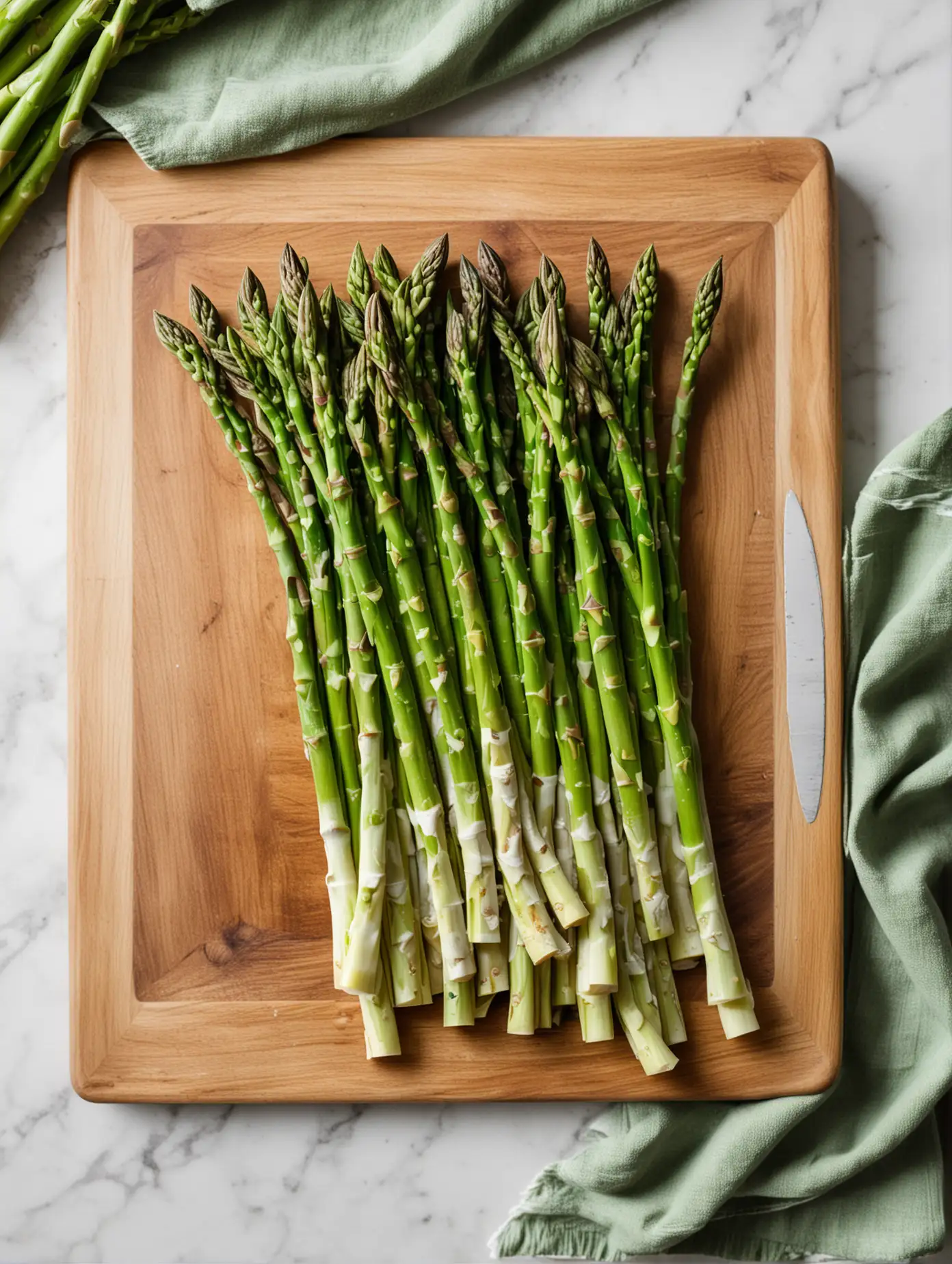 A top view of fresh asparagus on an old wooden cutting board on a white marble counter. Under the cutting board is a green and white dishtowel

