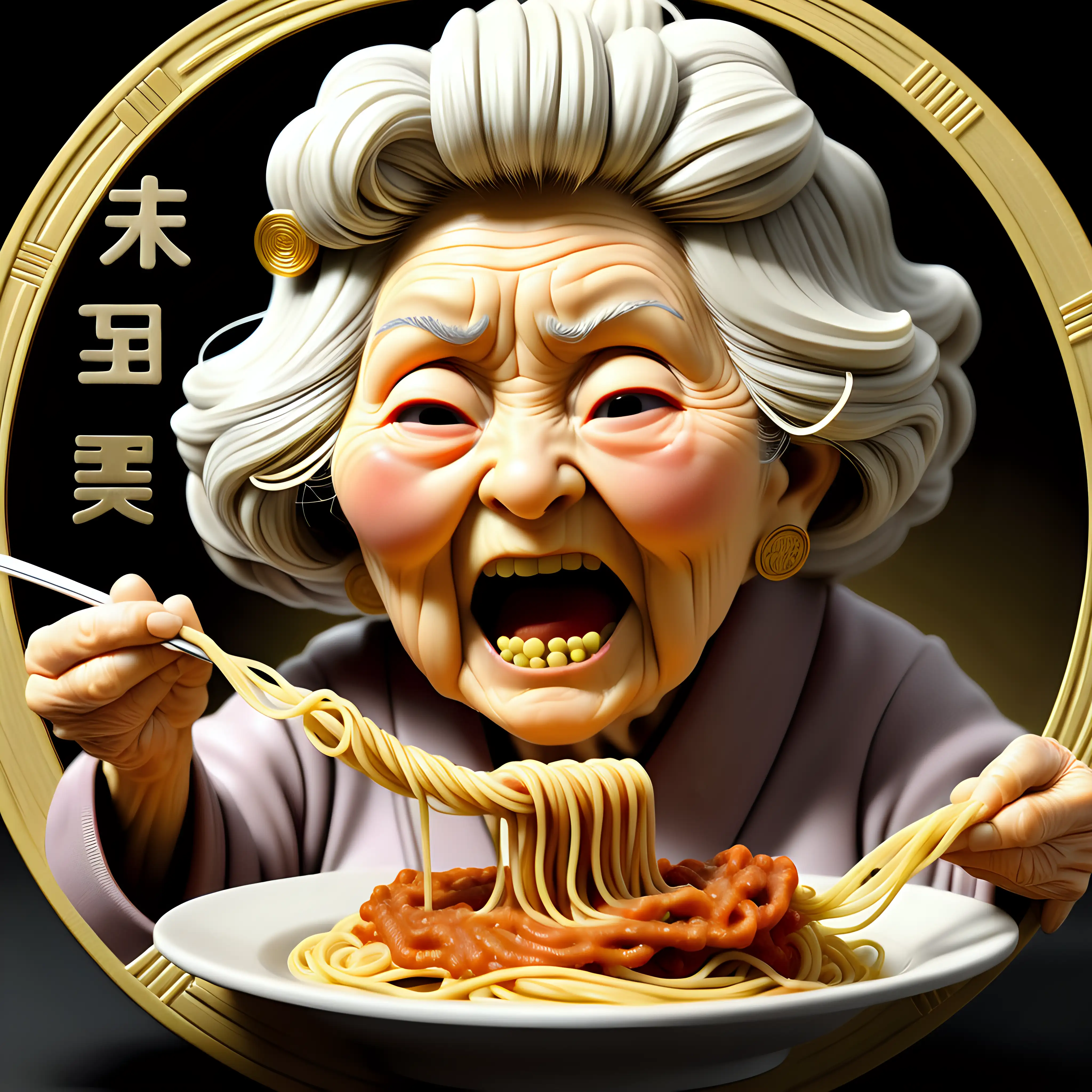 a gold coin with a japanese grandma eating spaghetti with the word at the bottom display "Mom's Spaghetti"