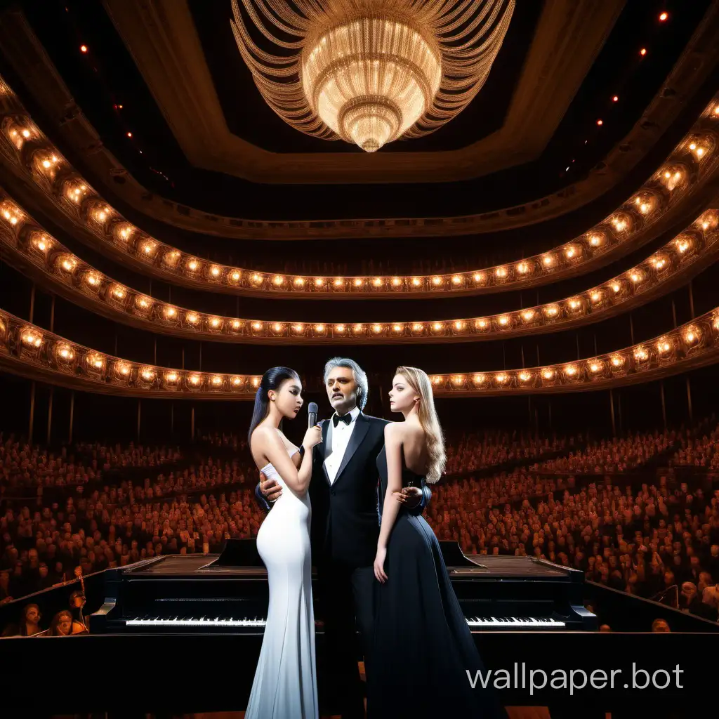 Two beautiful girls and a singer resembling Andrea Bocelli sing Opera on a beautiful stage surrounded by a very beautiful interior, symphonic orchestra