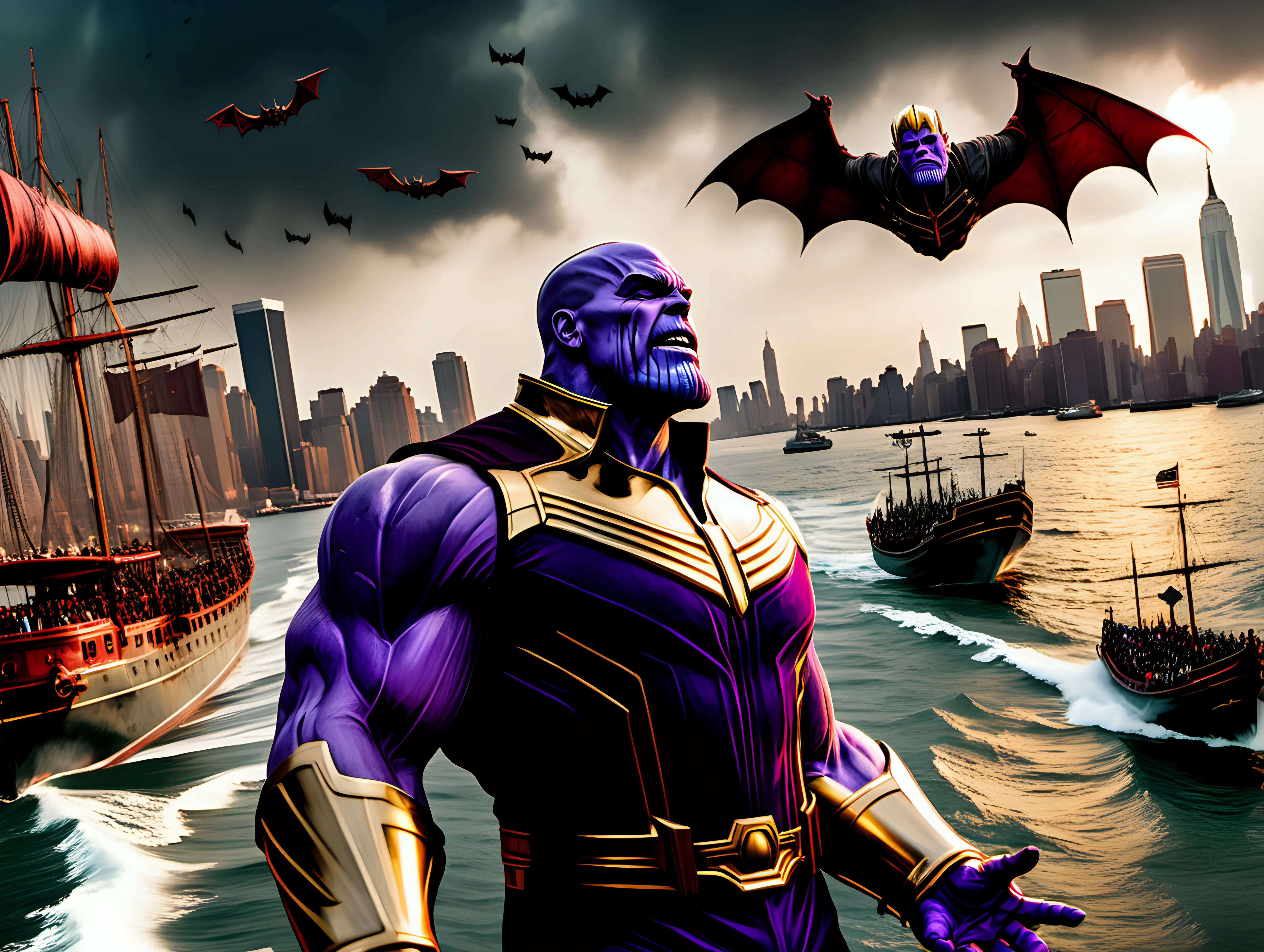 Menacing Thanos Emerges with Vampire Bats Over Historic NYC Ships