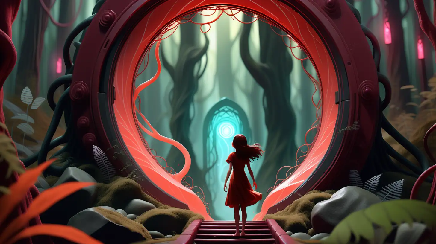 Create an AI-generated scene where a young lady steps courageously into a mesmerizing, red-glowing magical portal nestled within the depths of a mystical forest. Capture the sense of wonder and anticipation as she takes the plunge into the unknown.