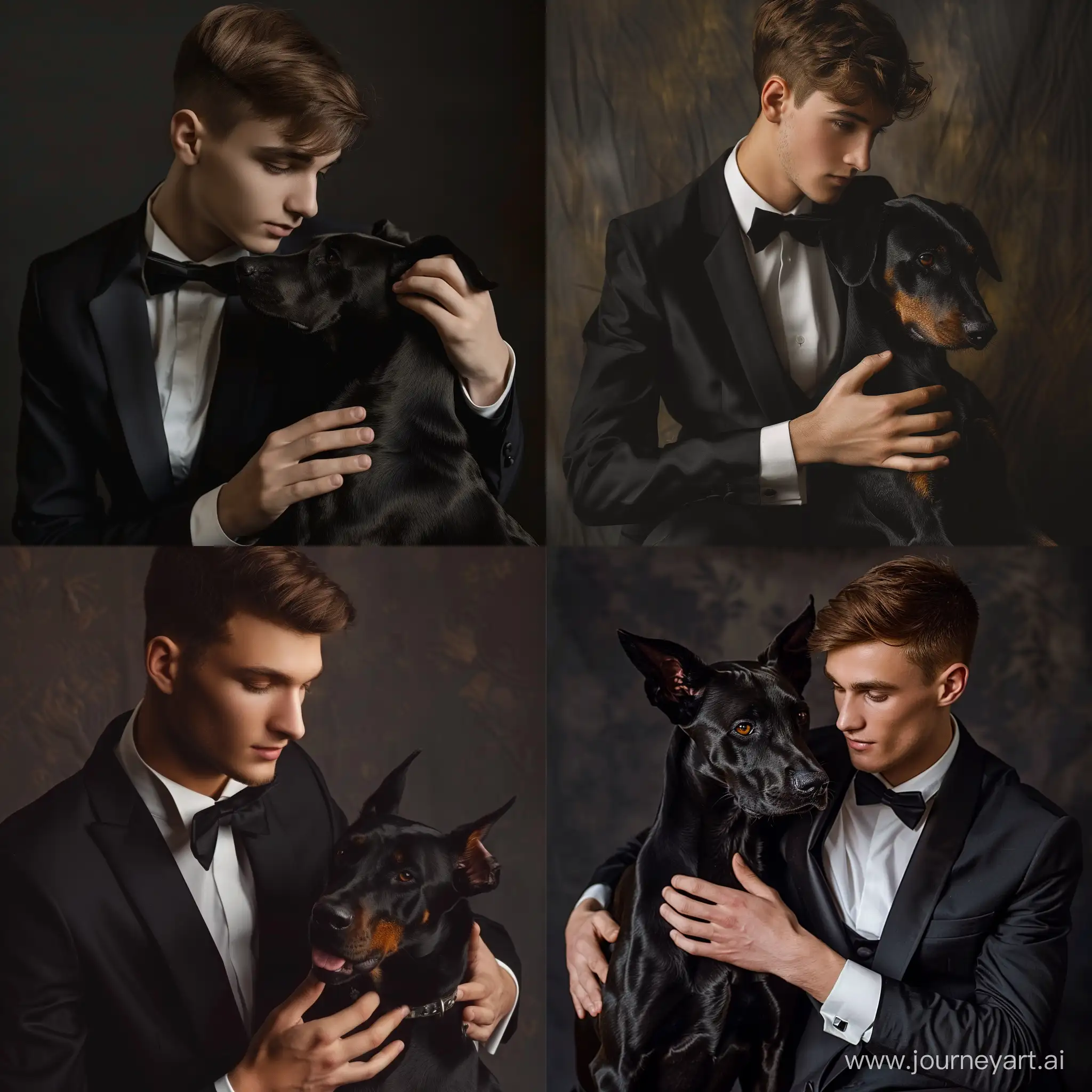 Elegant-Young-Man-in-Vintage-Hollywood-Style-with-Black-Doberman