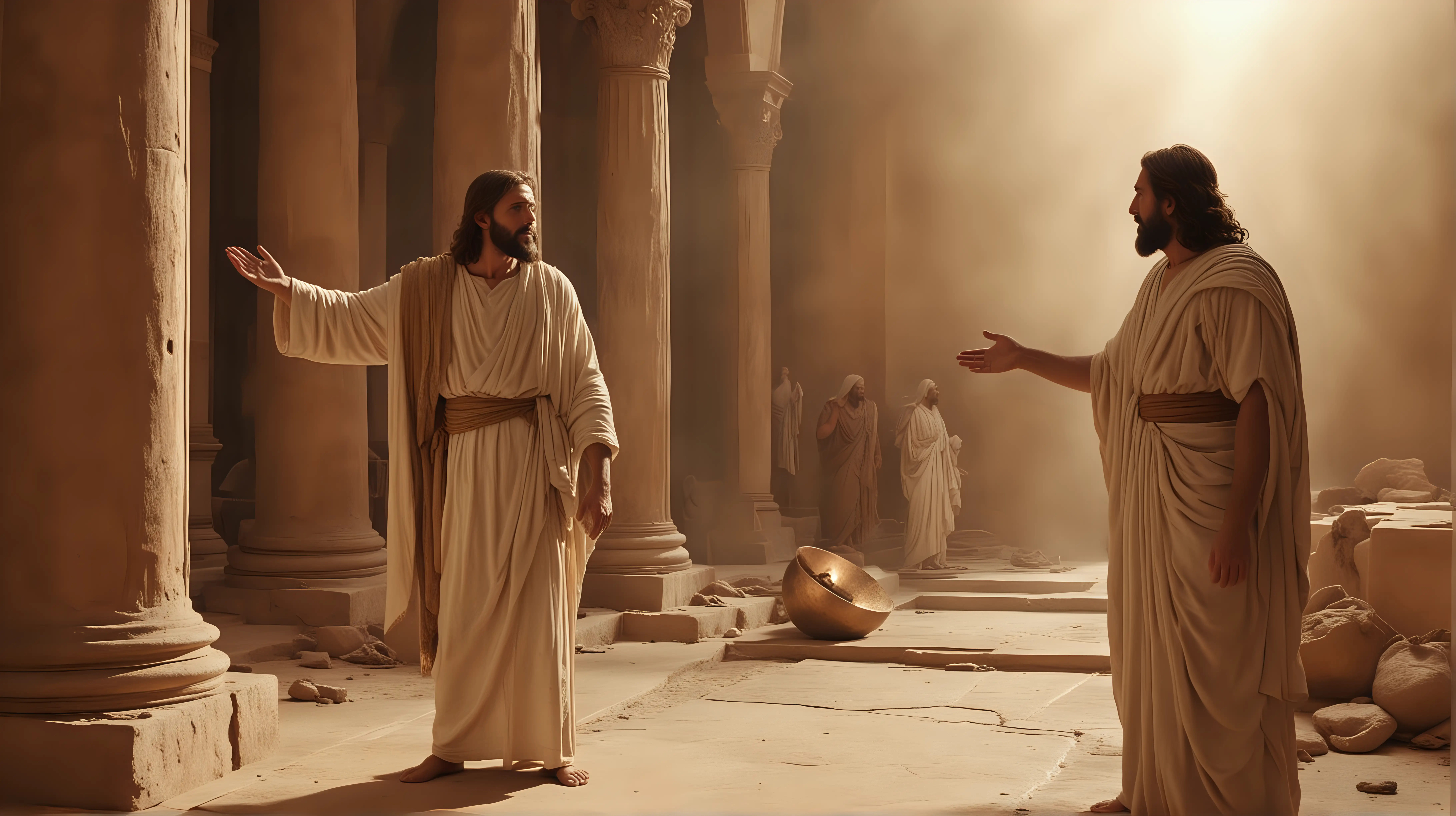 ancient Jesus meeting Sisyphos and giving him a preach, very lucid scene, empowering, superrealistic, optimistic enlightement, warm UHD 8k, sepia ancient colors 
