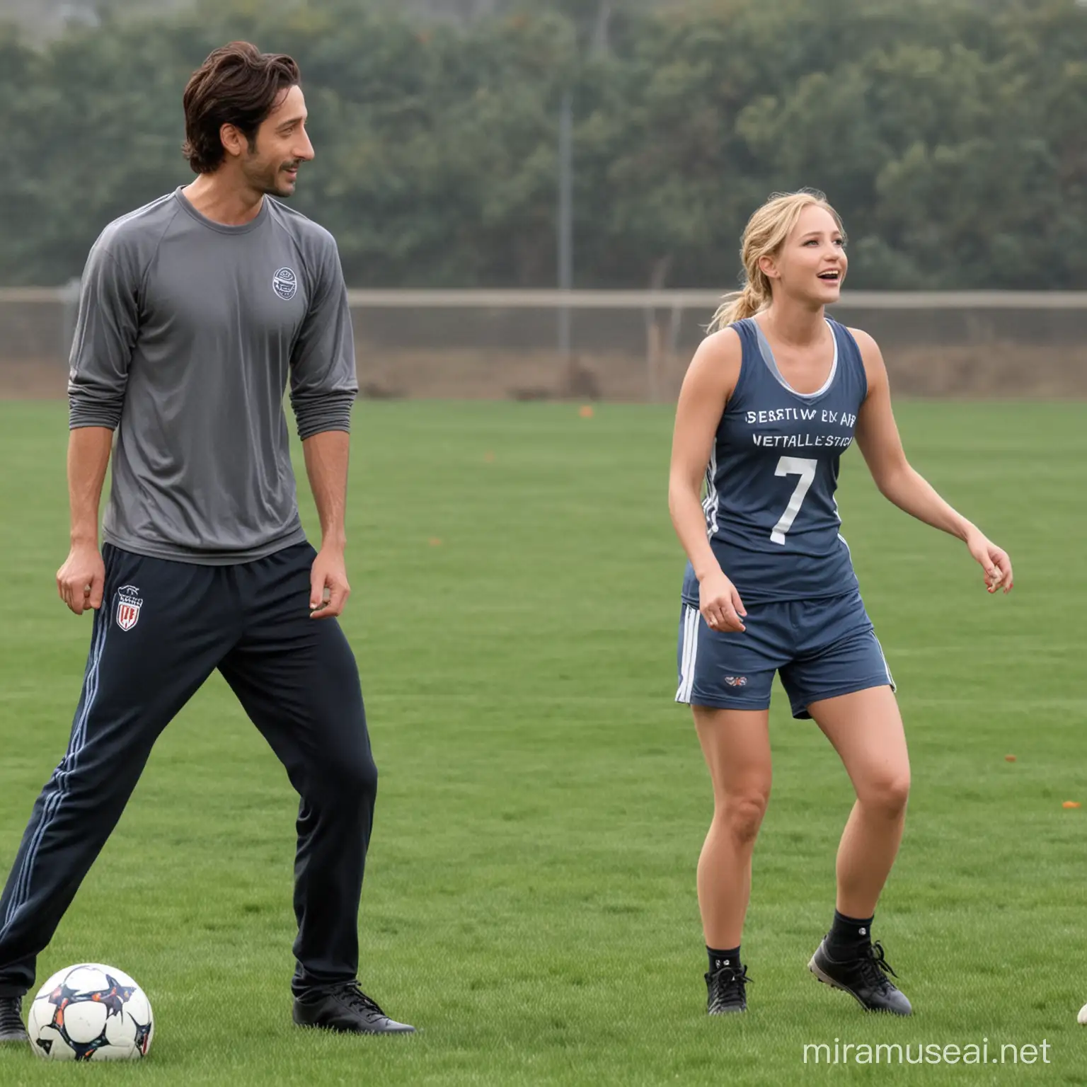 Adrien Brody and Jennifer Lawrence Engage in Football Game