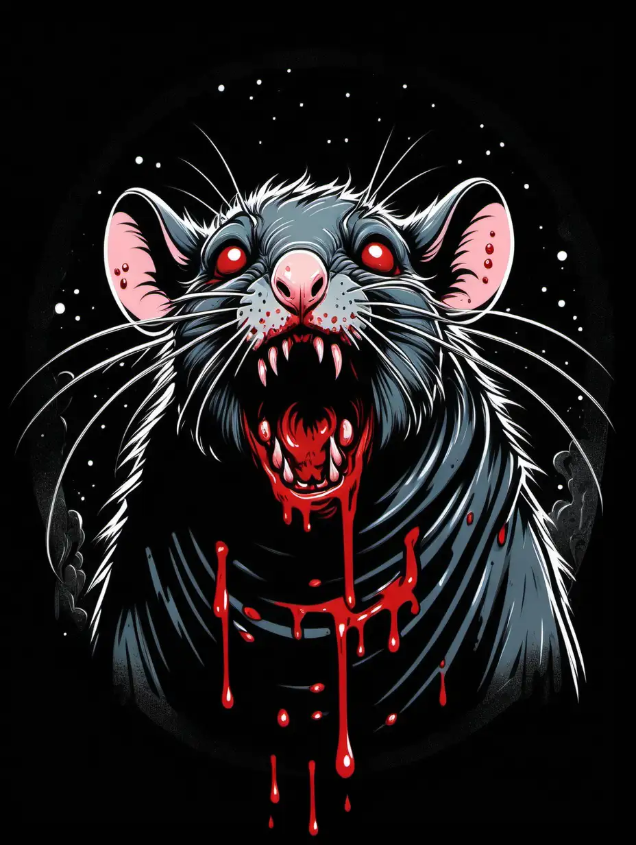 a scary evil rat with blood pouring out its mouth staring straight up into the night sky. Horror gory. one colour only, black background . In the style of a drawing