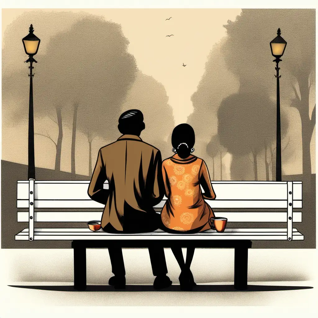 illustration of   Indian couple in  60 s from back, sitting on a bench,  drinking tea
