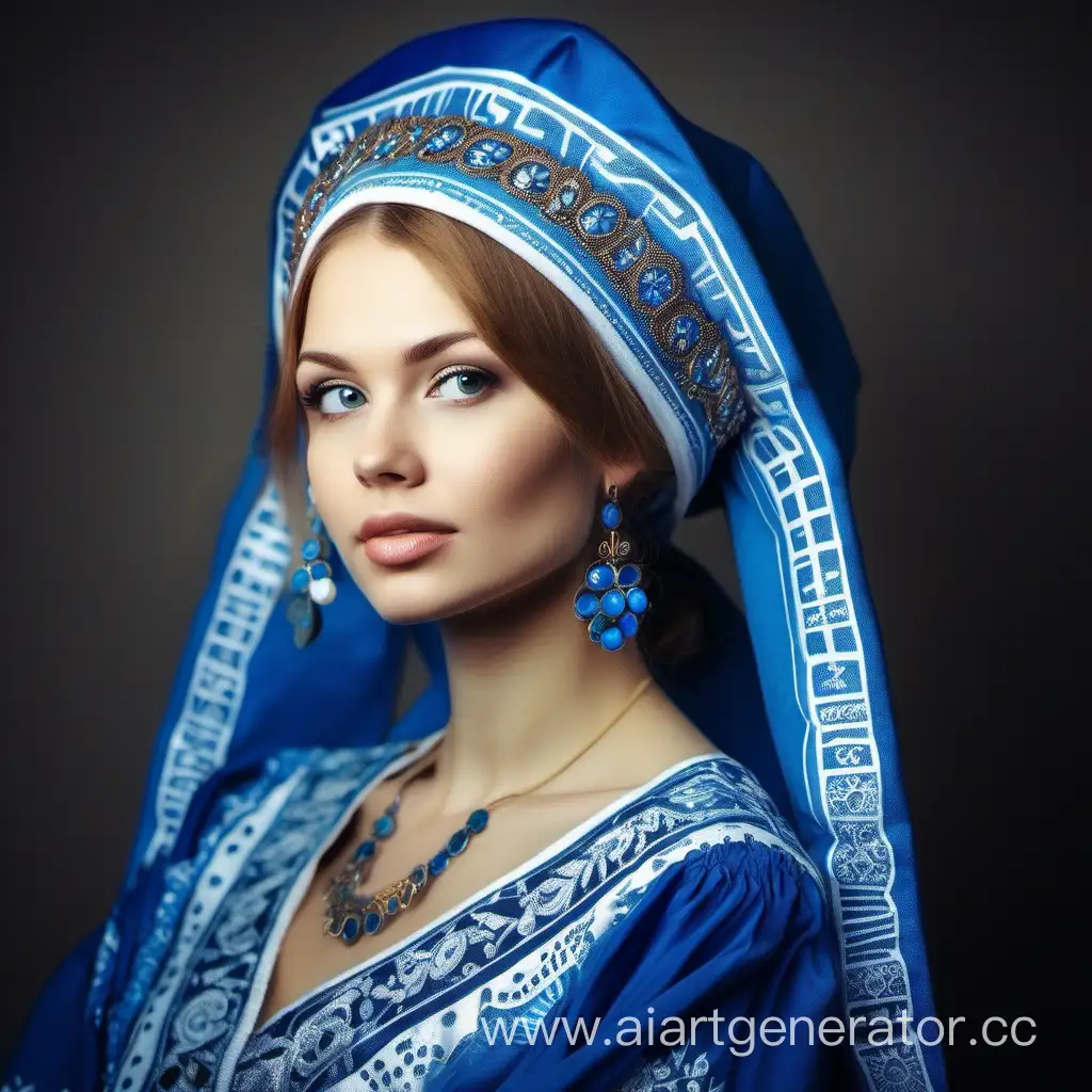 красивая русская славянская женщина в синем кокошнике в старом русском стиле
