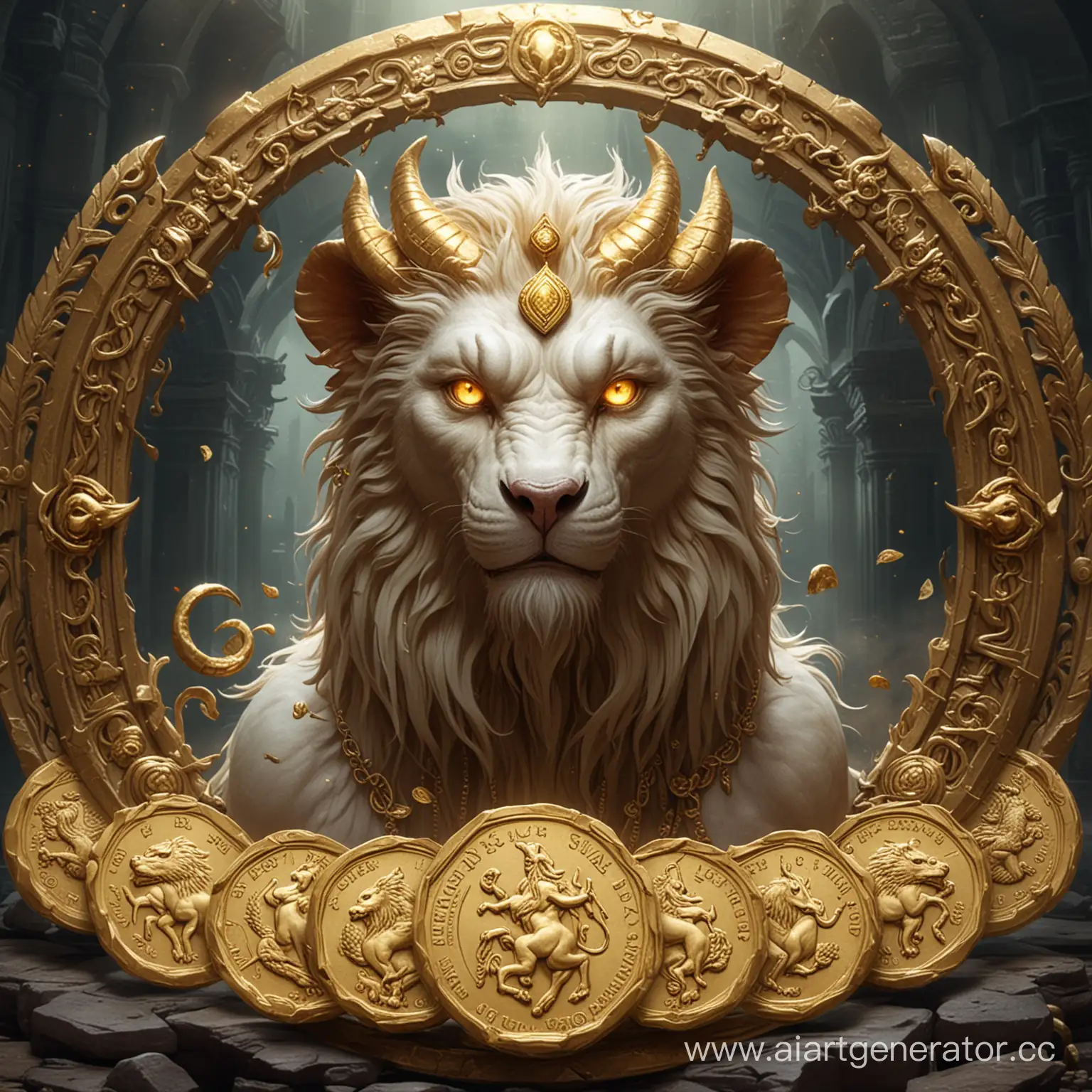 create a mystic cult that with chimera as its god. And add gold coins that represent the main tokens of the cult.