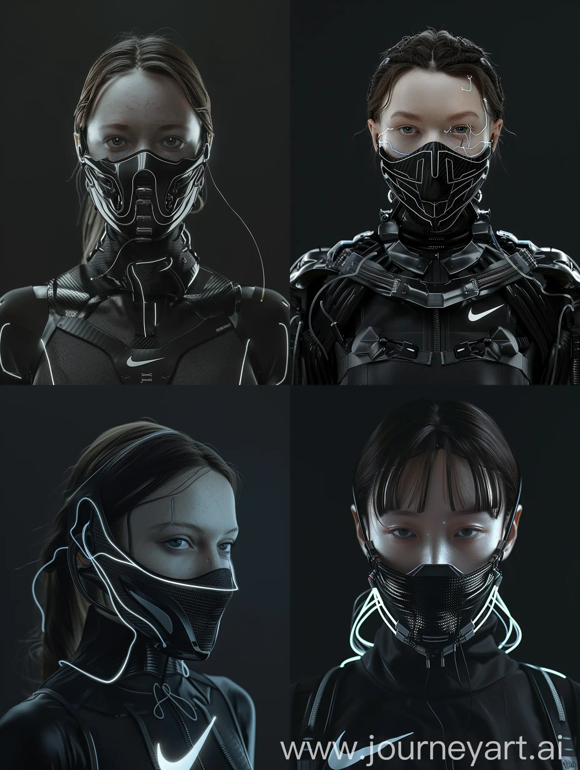"Explore the future of fashion on MIDJOURNEY with our stunning character featuring a cybernetic mouth-covering mask. Against a sleek black backdrop, this captivating design seamlessly merges advanced technology with intricate details like carbon fiber textures and sleek aluminum accents and glow wires. Symbolizing the perfect harmony between humanity and machine, our character embodies the essence of futuristic cyberpunk style. Enhanced with Nike-inspired add-ons and presented without any distracting blur, her irresistible allure is sure to captivate your imagination."