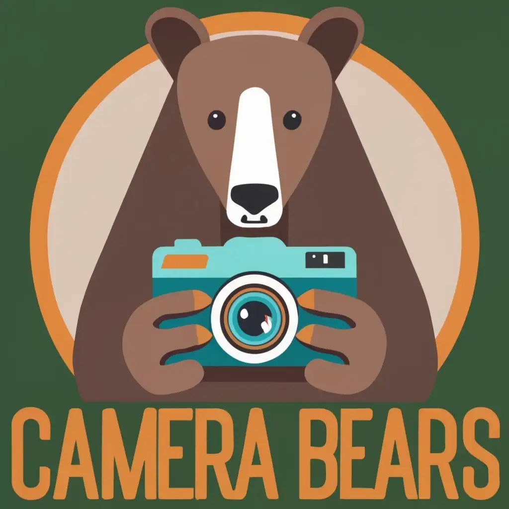 logo, bear holding a camera, with the text "Camera bears", typography