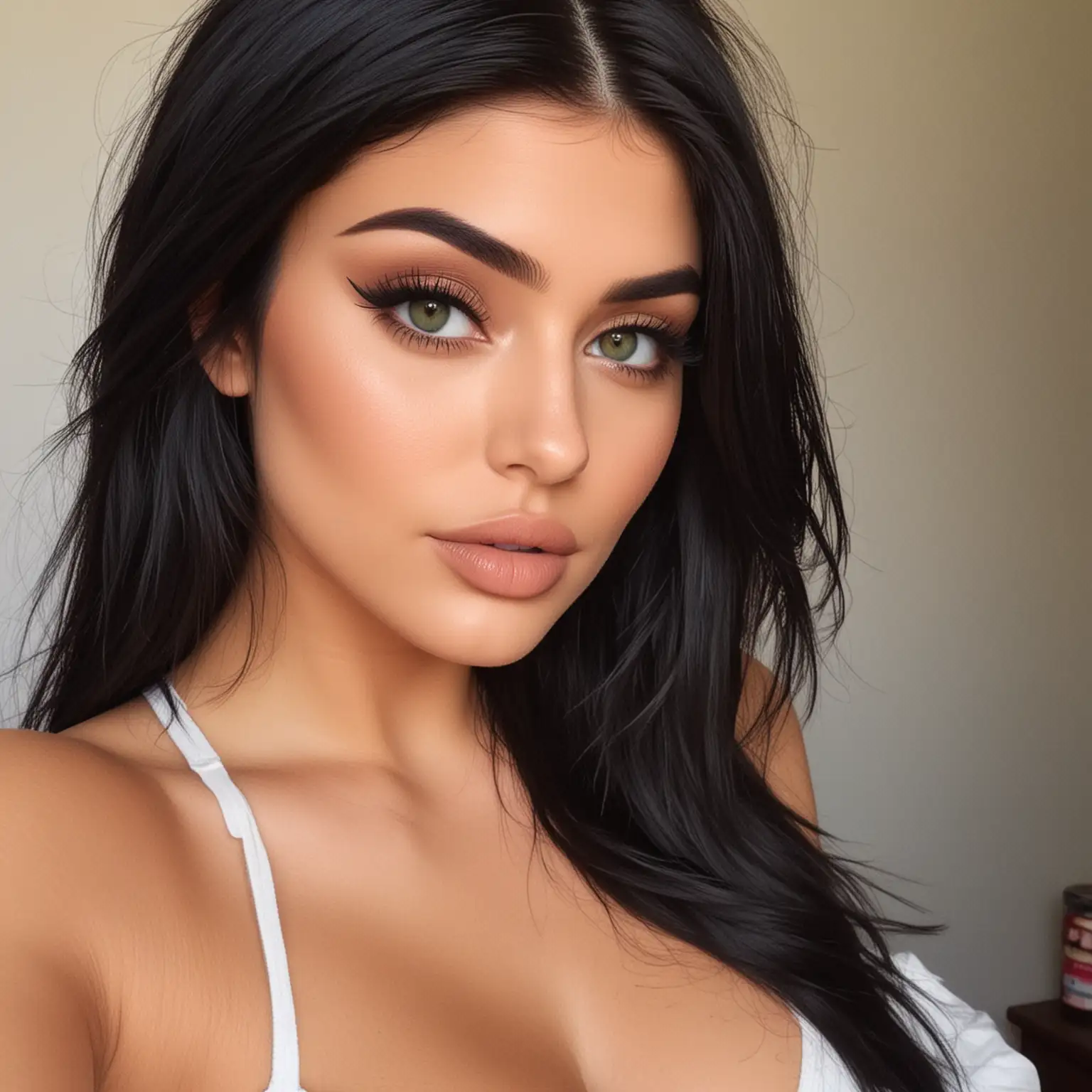 Make pictures of a Kylie Jenner look a like without it being Kylie Jenner. The photo must be taken as if it were an amateur photo. The girl most look like a real person. The picture of the girl most be the same girl in every picture with the same specifications. the specifications are below. Naked - Dark black hair - Selfie - Green eyes - Hourglass body - G size breasts - Location in the bedroom - Medium size lips - Big eyelashes