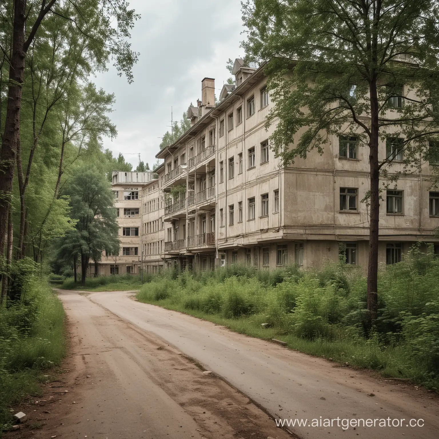 An ancient sanatorium of Soviet times with a pleasant atmosphere.The photo was taken from the side of the street, small trees are visible there and that the sanatorium is a little bit overgrown