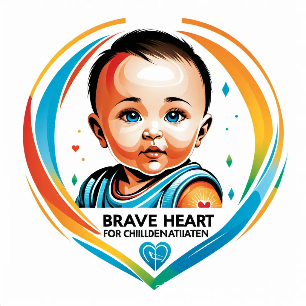 LOGO OF THE FUND FOR THE REHABILITATION OF CHILDREN WITH PARALYSIS IN HIGH-TECH STYLE with the face of a baby WITH THE NAME "BRAVE HEART" ON A WHITE BACKGROUND in bright colors with Kazakh symbolism, not large, with understandable text in English