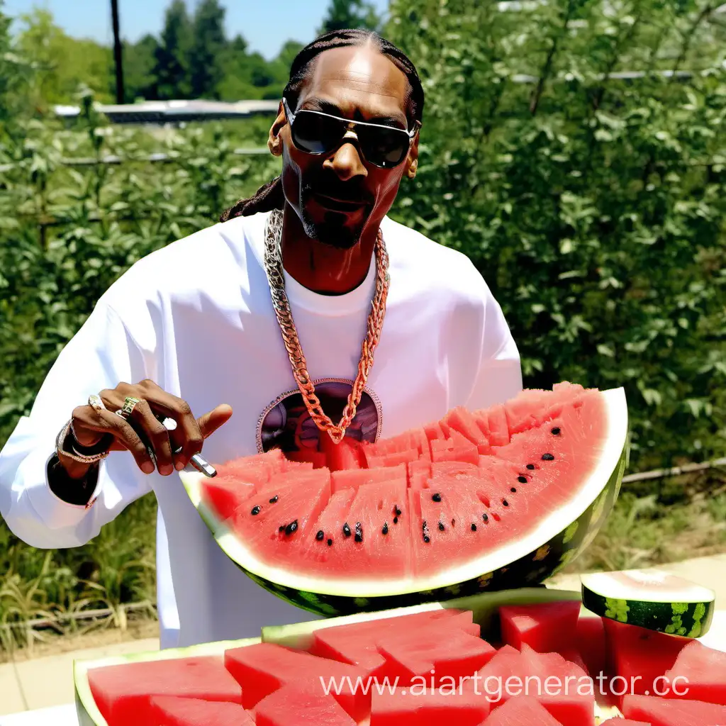 Rapper Snoop Dogg smashes a watermelon