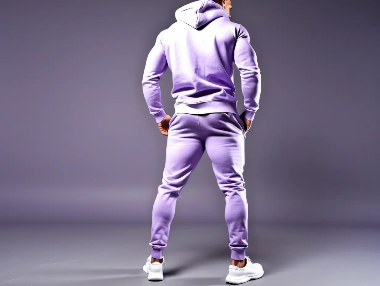 GENERATE AN IMAGE OF MUSCULAR MAN WEARING LAVANDER SWEAT PANTS WITH LANAVDER HOODIE FROM BACK ANGLE AS WELL
